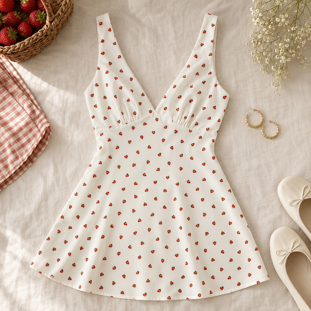 Mi Ami Strawberry Print Mini Dress Women Small Cottagecore Fit Flare Francesca’s - Picture 3 of 13